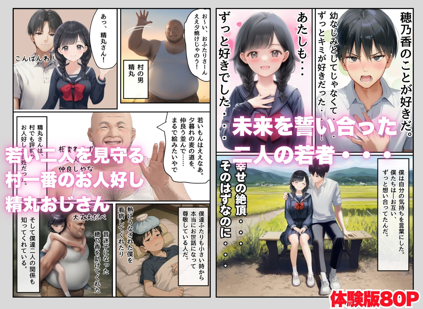 【因習村】村の飢饉を救うため差し出された僕の彼女、BMI40越えで性欲だけはいっちょまえの種付けおじさんに媚薬を飲まされ、おじさん特有のねちっこい前戯で全身べちょべちょに舐められたあげく、聖なる肉棒（チンカス付き）の掃除を実施！ その後はついに処女おまんこにゴールイン！入念かつ丹念にがん突きにされ、イキまくりんぐ！一晩中汗だくで連続絶頂アクメを決めさせられた話。 「穂乃香ぁ〜、オラの精、まるごと受け止めてくんろぉ〜〜！」 | 同人CG・同人作品紹介 | 同人倶楽部